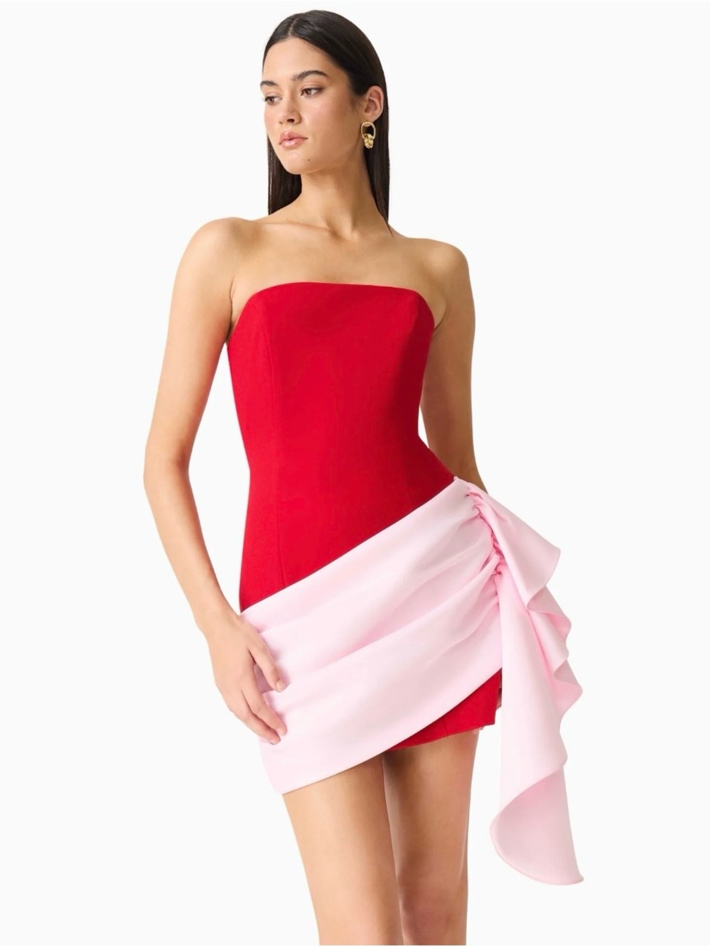 Elliatt June Red Strapless Mini Dress with Pink Draped Ruffle • msrp $298